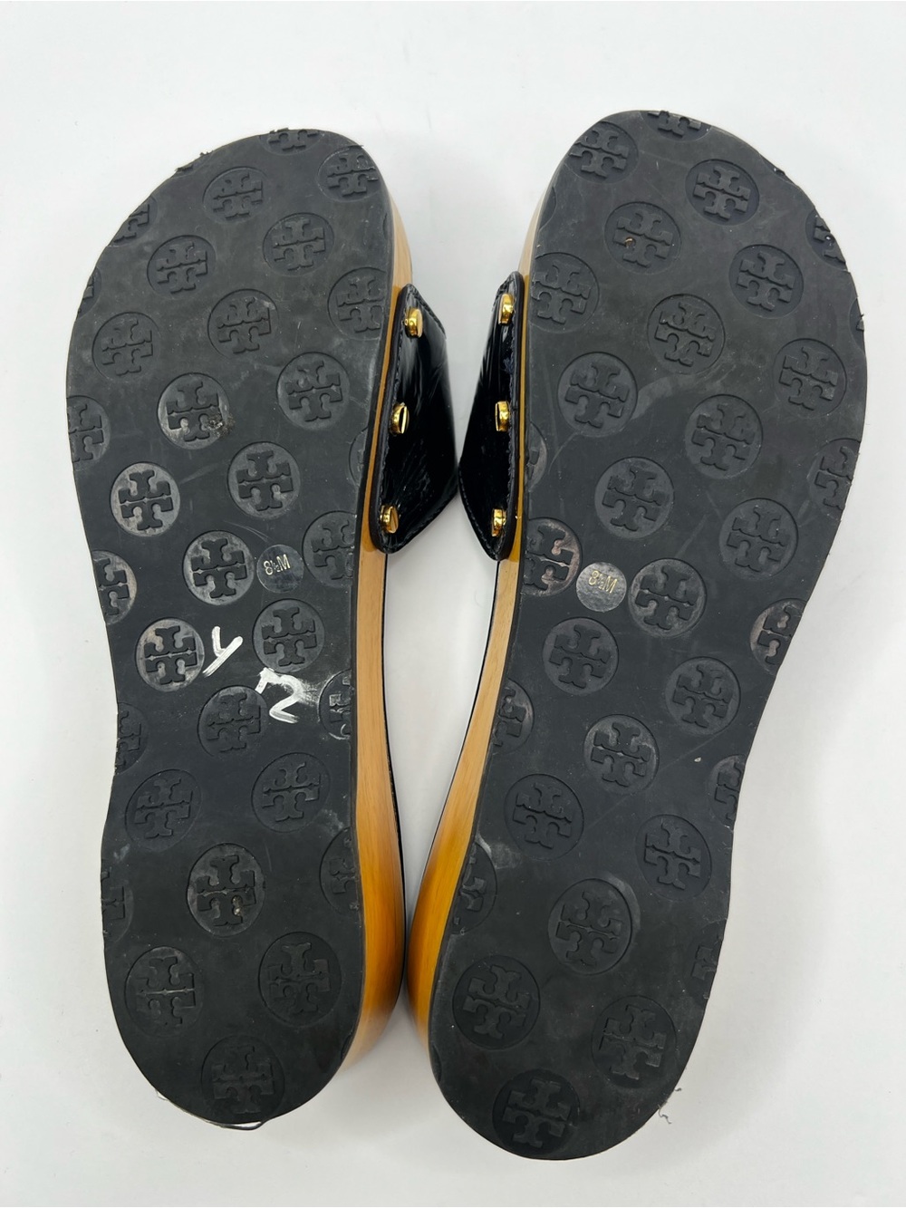 Tory Burch Dixon Black Green Patent Leather Gold Logo Slide Sandals Size 8.5 - Picture 12 of 15